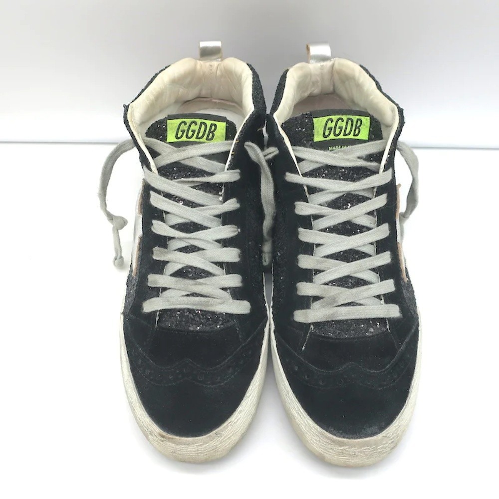 Golden Goose Mid Star Glitter Wing Tip Sneakers Black with Silver Star Size 38 - Picture 3 of 11